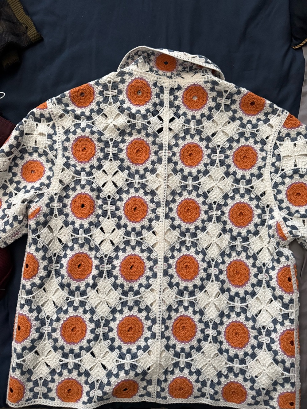 Abercrombie & Fitch Crocheted Button-Up Shirt in Cream, Orange & Navy - Picture 4 of 4